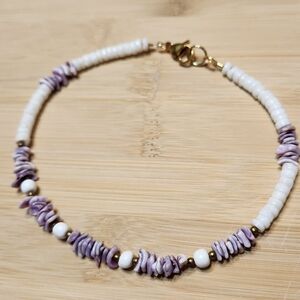 Hand Crafted Purple and White Beaded Ankle Bracelet Anklet Shells